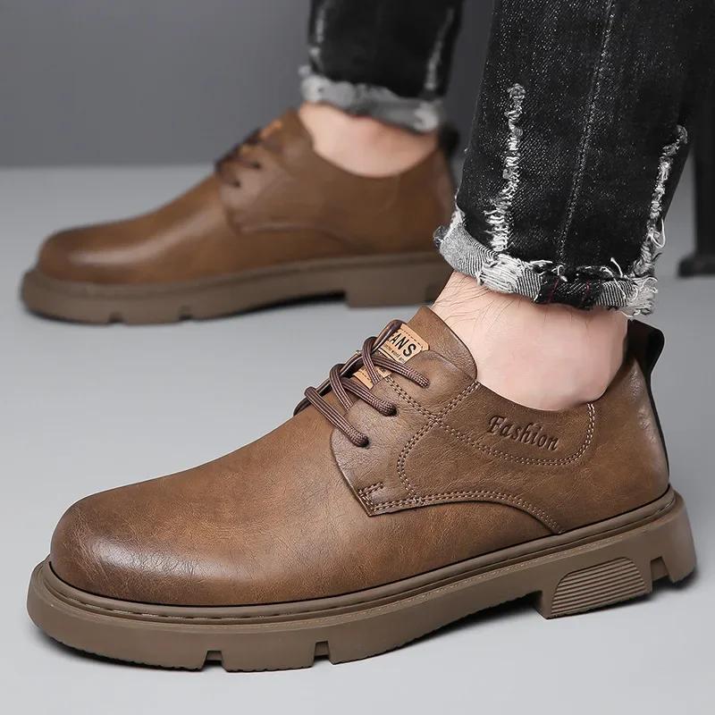 Cow Leather Autumn Platform Shoes for Men Casual New Designer Derby Shoes Male Low Top Work Ankle Boots Men