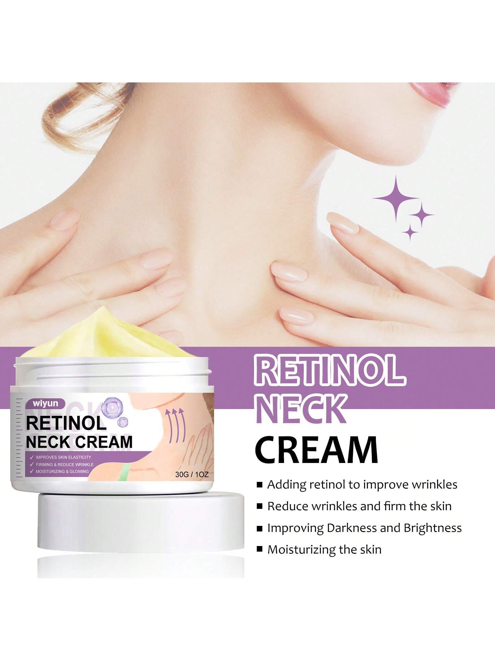 

1 шт., 30 г, крем для шеи с ретинолом, осветляет линии шеи, увлажняет и подтягивает кожу, формирует массаж лебединой шеи и лифтинг-крем для шеи белый