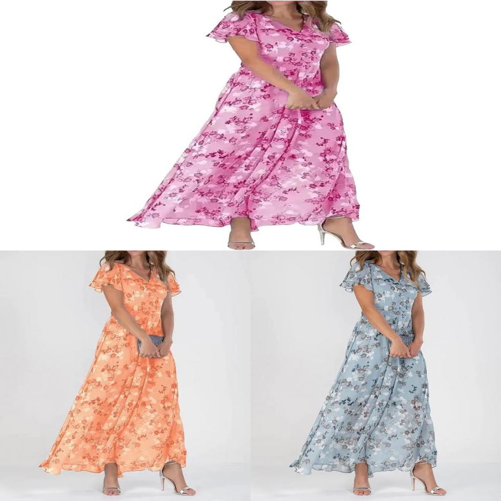 Classic Chiffon Floral Maxi Dress With Ruffle Vneck And Short Sleeves For Summer Casual Wear