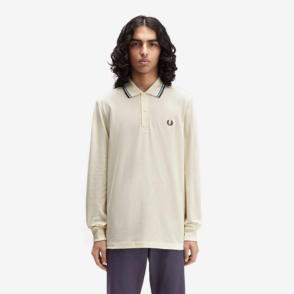 Fred Perry [M3636] Long Sleeve Twin Tip Fred Perry Shirt - Ecru/Court Blue/Ox Blood Afpm2533636-Z46