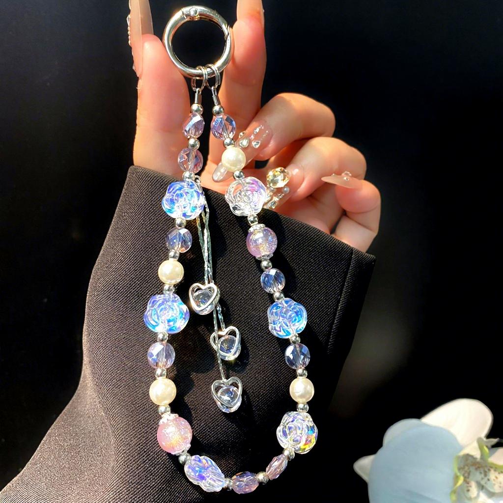 Fashionable Rose Flower Heart-Shaped Tassel Phone Chain Customizable Women's Bag Keychain Anti-Loss Crystal Beaded Lanyard