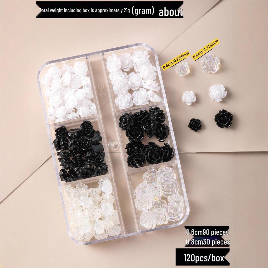 Boxed Set of 90 Camellia Resin Rhinestones for Nail Art - Iridescent 3D Flower Decorations In Various Sizes.