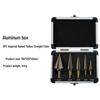 5-Piece Triangular Shank Stepped Drill Bit Set, Yellow Nitrided, Metric & Imperial Sizes, with Straight Flute in Aluminum Box Packaging.