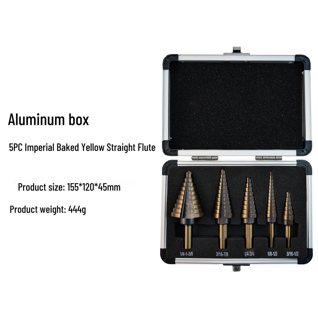 5-Piece Triangular Shank Stepped Drill Bit Set, Yellow Nitrided, Metric & Imperial Sizes, with Straight Flute in Aluminum Box Packaging.