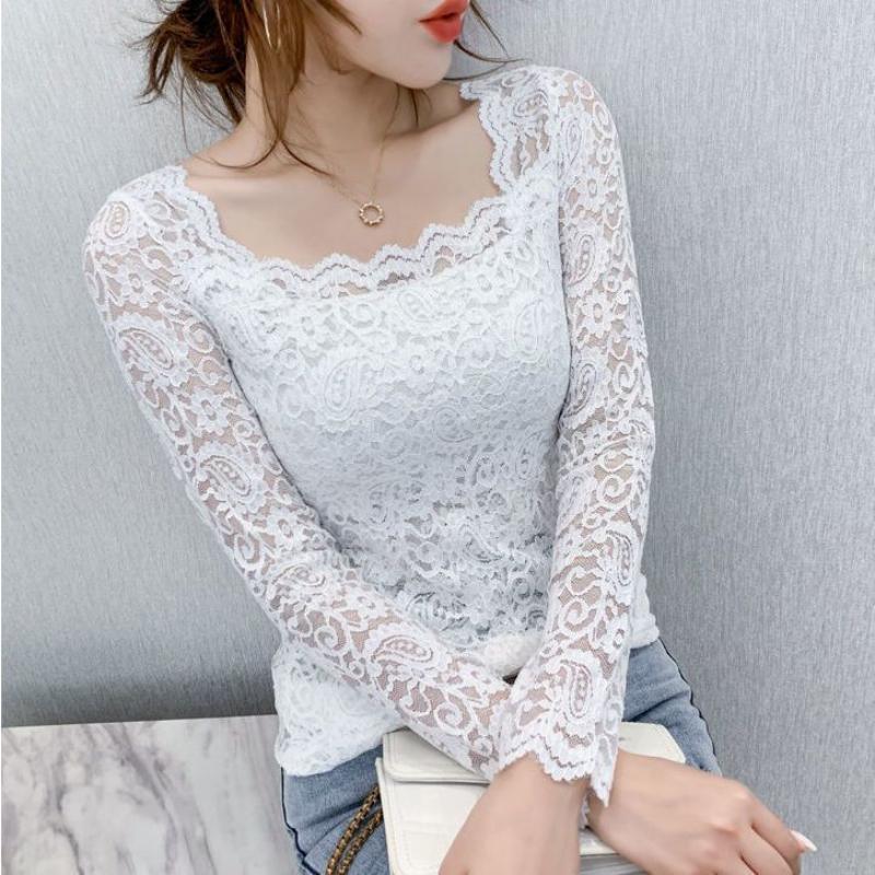 Koronkowy kwadratowy dekolt z długim rękawem francuski niszowy szykowny setka z temperamentem temperament wybuchowy modele kobiece topy retro klasyczne dolne koszule