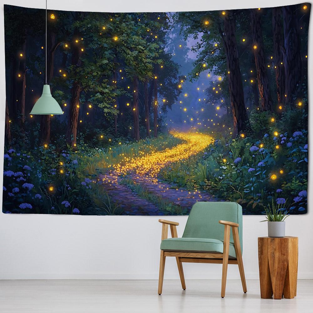 Forest Firefly Tapestry Dreamy Landscape Polyester Wall Hanging Fabric Aesthetic Home Decoration Living Room Background Poster