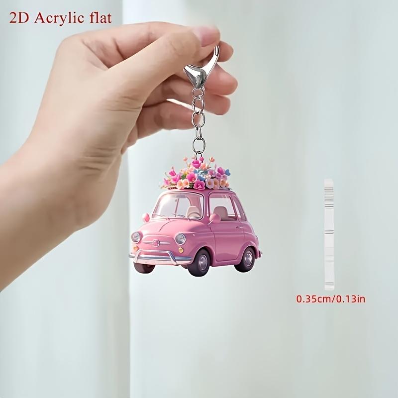 1 Stück, 2D Flaches Mode Pinkes Auto mit Blume Schlüsselanhänger für Rucksack und Autoschlüssel, Feiertags-Partydekorationen, perfekte Geschenke für Thanksgiving