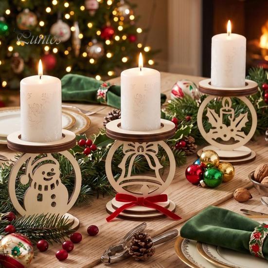 Hollow Carved Wood Decor 3Pcs Christmas Wooden Candle Holder, Detachable Tealight Stand with Indoor Holiday Party Supplies Snowman/Bell/Candle