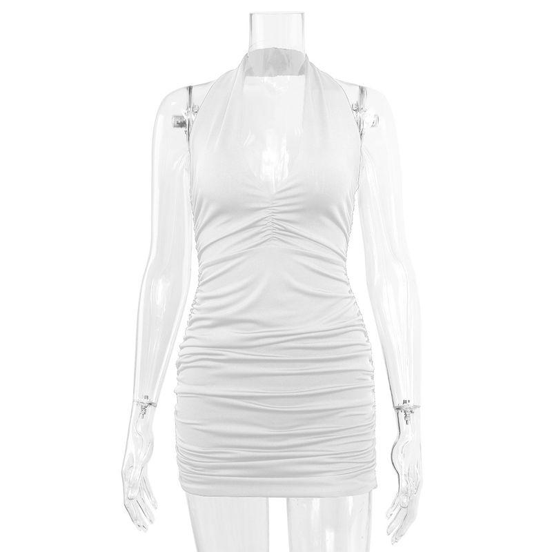 

Transitional Sexy New V-neck Hanging Neck Backless off-Shoulder Sexy Simple Pleat Dress Slimming Tight Skirt White White S
