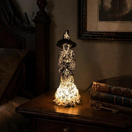 Mysterious Gothic Interior Decor Skeleton Witch Resin Figurine, LED Light Up Statue, Spooky Bohemian Style Home Accents Dark Fantasy Ornament
