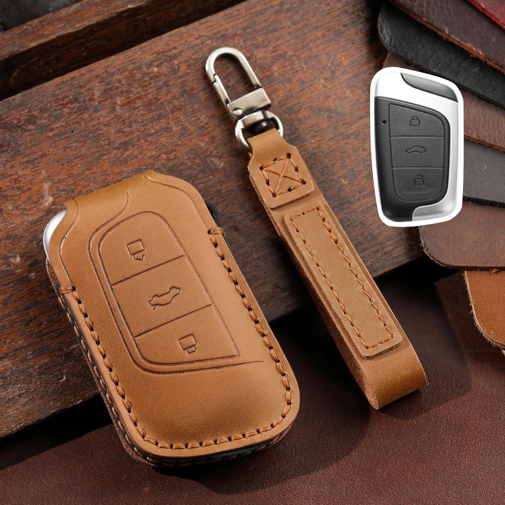 

Leather Car Key Cover Keychain Holder Case Protector for Chery Eq1 Little Ant 3button Smart Remote Keyless Go Shell Accessories коричневый