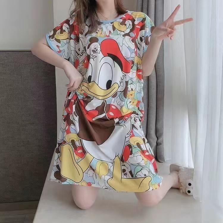 Women's Short Sleeve Cartoon Nightgown - Loose Fit Pajamas for Summer, Spring & Autumn