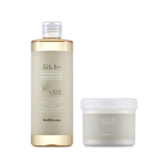 WELLDERMA Honeysuckle Balancing Toner + Multi Use Facial Pad Set 500ml / 70 Pads