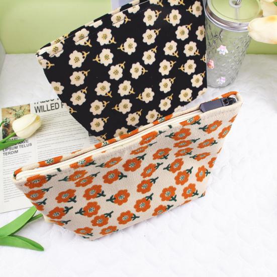 Flower Print Corduroy Cosmetic Bag Large Capacity Portable Smooth Zipper Multifunctional Travel Toiletry Makeup Lipstick Coins Phone Storage Pouch