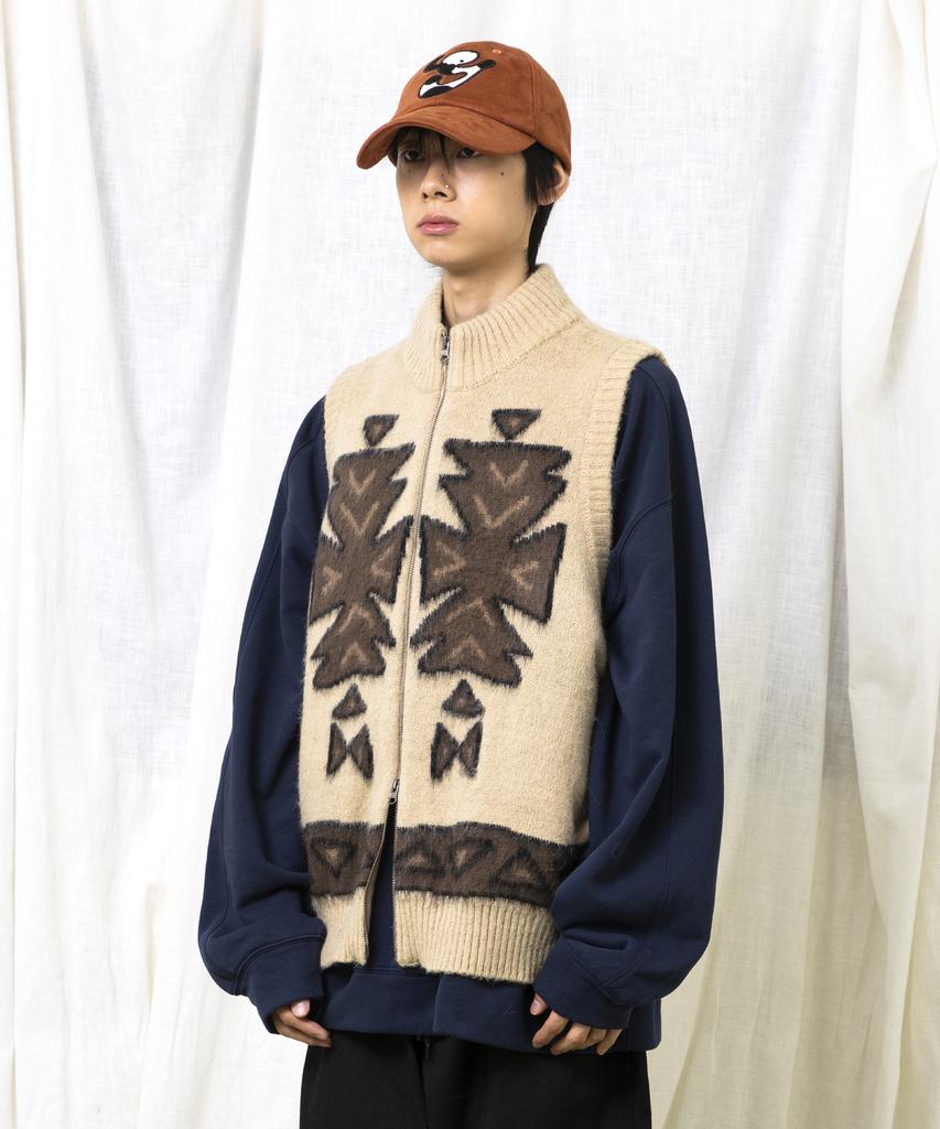 GLACK Gnt065 Ugly Navajo Zip-Up Knit Vest (Beige)