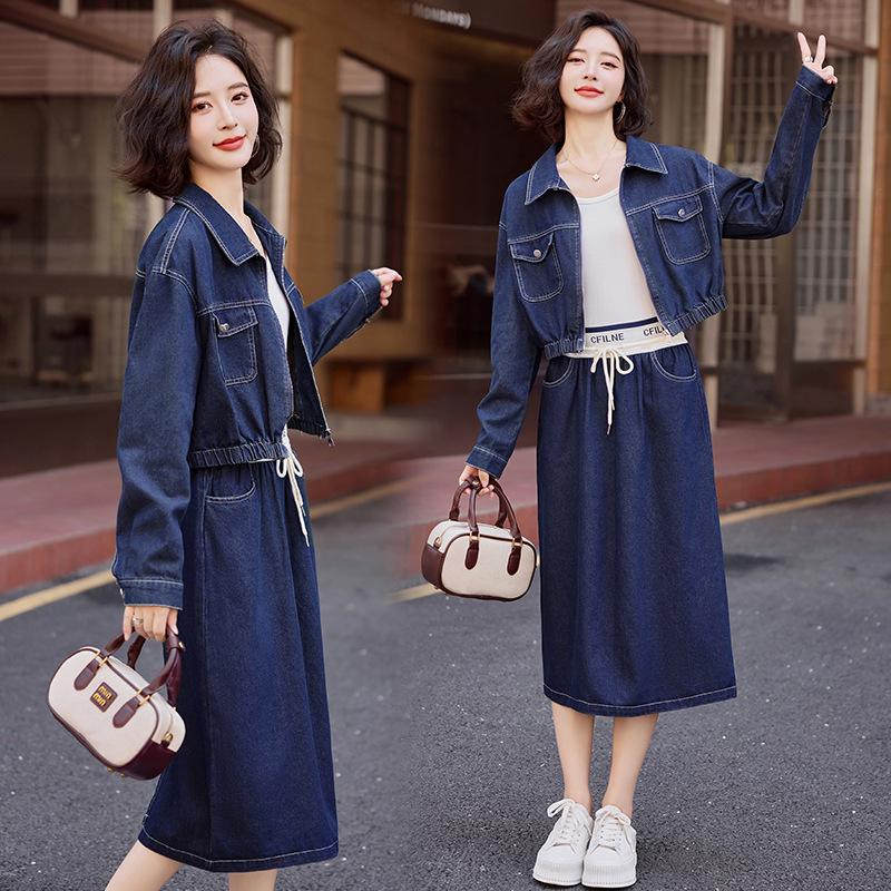 

Женский ретро джинсовый костюм-двойка: Стильный весенне-осенний комплект из топа и юбки XL 120-130 Jin