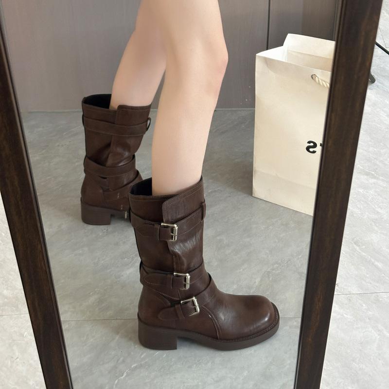 High D Version~ Two Wear Western Cowboy Boots Women's Autumn Thick Root Boots Skinny Pile Knight Boots Maillard Boots