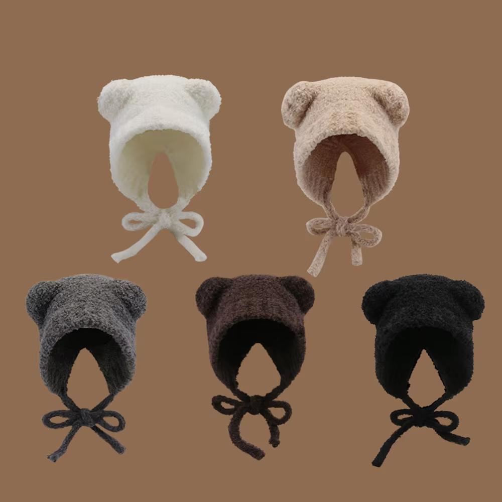 1Pc Women Cute Warm Beanie with Bear Era Earmuffs,Outdoor Travel Cycling Knitt Thick Fluffy Warm Pullover Cap for Autumn/Winter