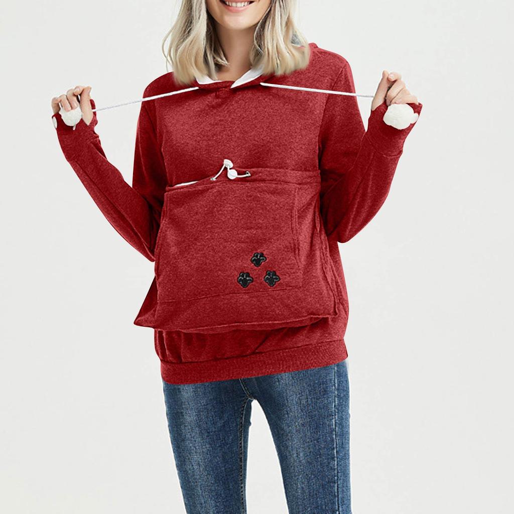 Women's Fashion Casual Top Solid Color Long Sleeve Pet Pocket Hoodie Sweatshirt