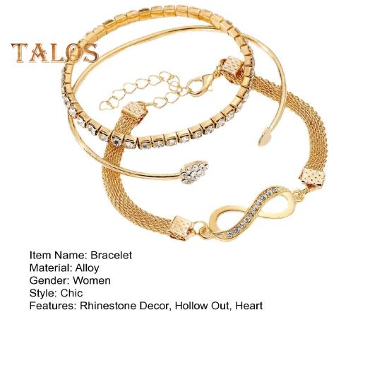 3 Pcs/Set Women Bracelets Rhinestone Decor Hollow Infinite Symbol Heart Adjustable Stackable Wrist Jewelry Lady Prom Party Wedding Bangle Set