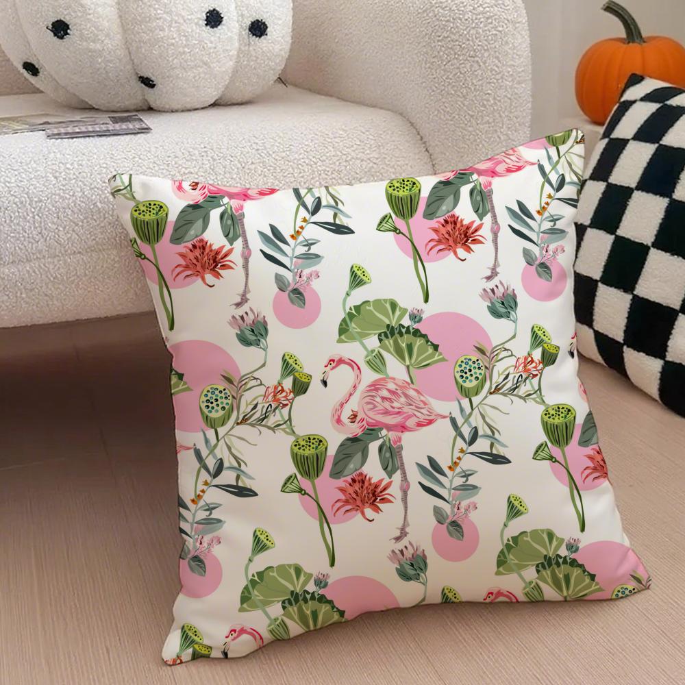 Forest Flamingo Palm Leaves Plant Pattern Art Cushion Cover Throw Pillow Cover Hidden Button Durable Polyester Chair Cushion