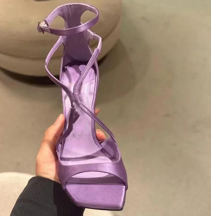 Fashion Luxury Satin Designer Women Pumps Sexy Cross Strap Square Toe Heeled Sandals Elegant Purple Thin High Heels Party Dress Shoes