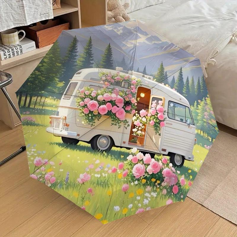 1pc Camper Van with Pink Flowers in Field Umbrella with Plastic Handle,Suitable for All Seasons Home Travel Outdoor UmbrellaDD414