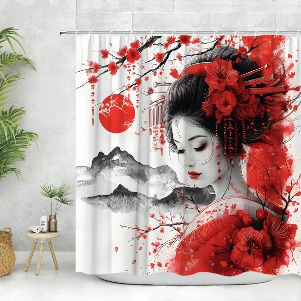 Exquisite Oriental Art Shower Curtain - Geisha, Cherry Blossom & Panda Designs for Unique Bathroom Décor, Waterproof & Easy Care