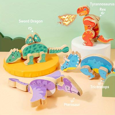 Lustiges und interaktives Holz-Dinosaurier-Bauspielzeug, Abnehmbare DIY-Bausteine für Kinder ab 6/12 Jahren, Mehrspieler-Spiel, Hand-Auge-Koordination