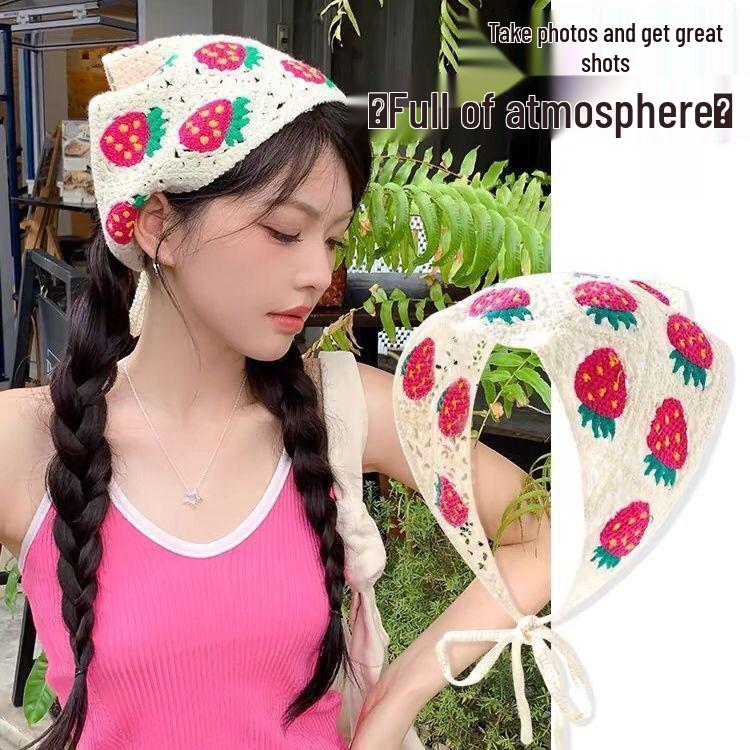 Korean Style Knitted Crochet Triangle Scarf: Women's Sweet Flower Headscarf Hat