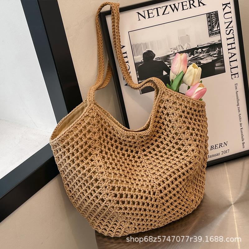 Casual Large-capacity Cotton Thread Woven Bag, New Openwork Straw Bag, Lazy Style Shoulder Bag, Vacation Beach Bag, Women's Bag