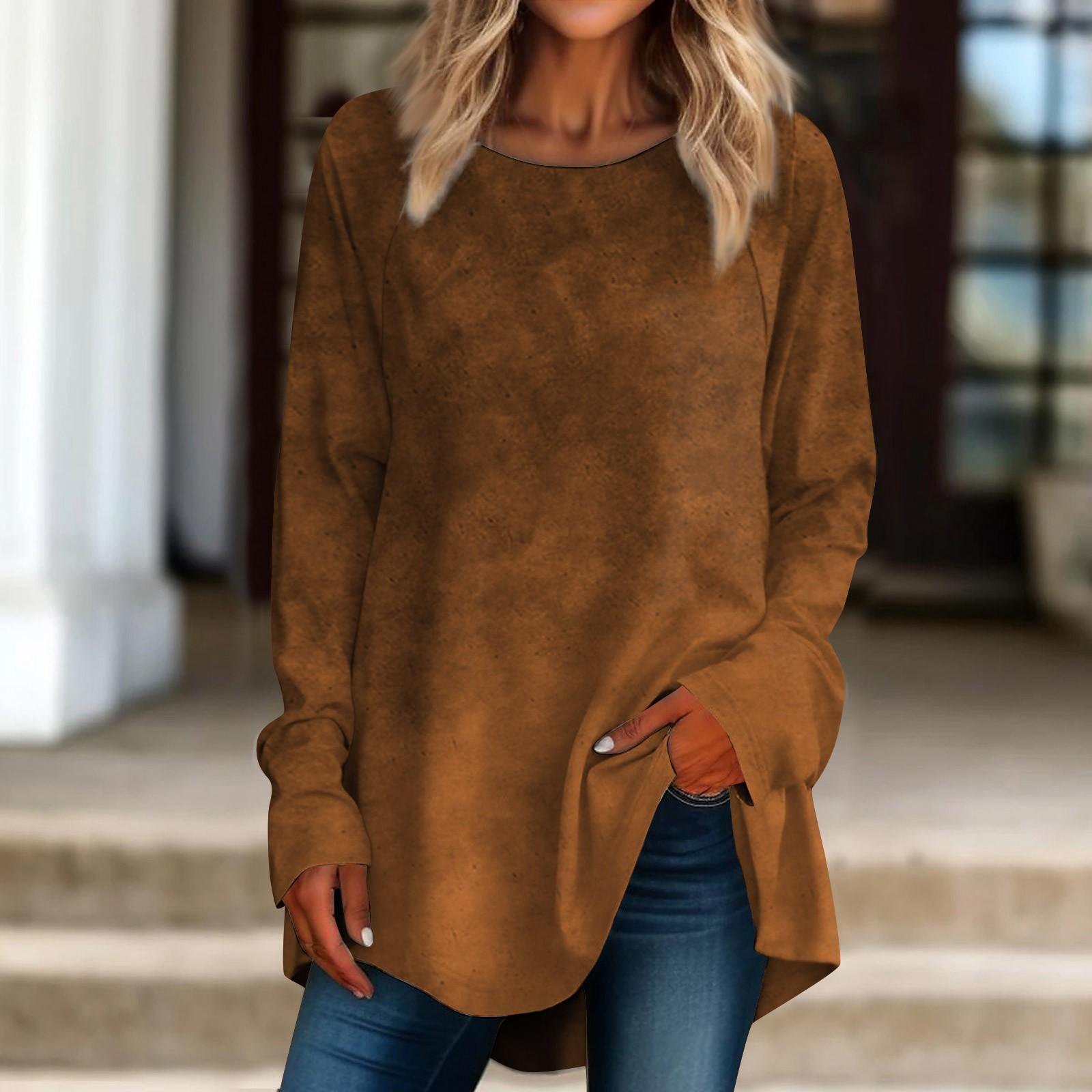 

Женская повседневная футболка больших размеров с длинными рукавами и круглым вырезом в стиле ретро, ​​пуловер XL бронзовый