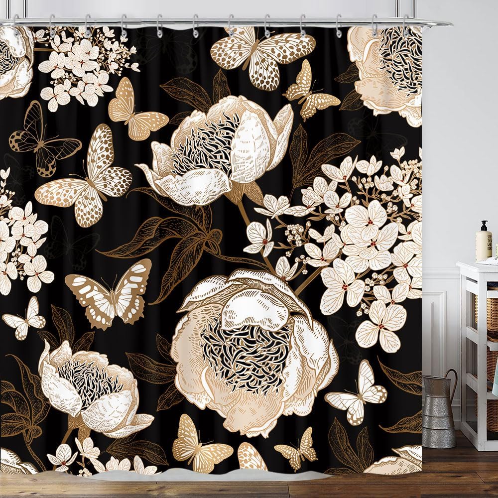 Vintage Boho Floral Shower Curtain, Cute Retro Bohemian Flower Botanical Aesthetic Decorative Shower Curtain Set with Hooks