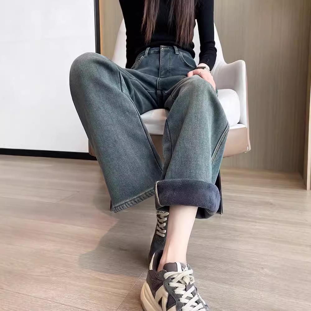 Dámské plyšové džíny s vysokým pasem a širokými nohavicemi - Zimní 2024 Retro rovné kalhoty