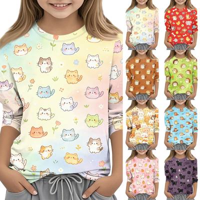 Kids Animal Print Crew Neck Three Quarter Sleeve Casual T Shirt Soft Fabric Comfortable Fit Lightweight Design Suitable for Everyday Wear