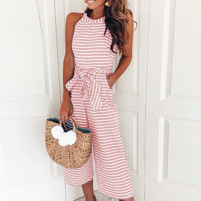 Summer Striped Womens Wide Leg Holiday Jumpsuits Playsuits Culotte Elegant