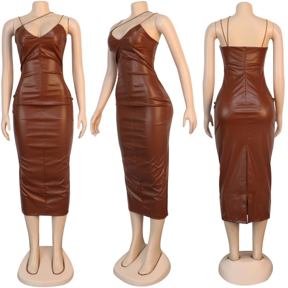 Bkld Sexy V-Neck Pu Leather Dress Party Night Club Dress New Autumn Women Fashion Spaghetti Strap Pencil Bodycon Slit Dress