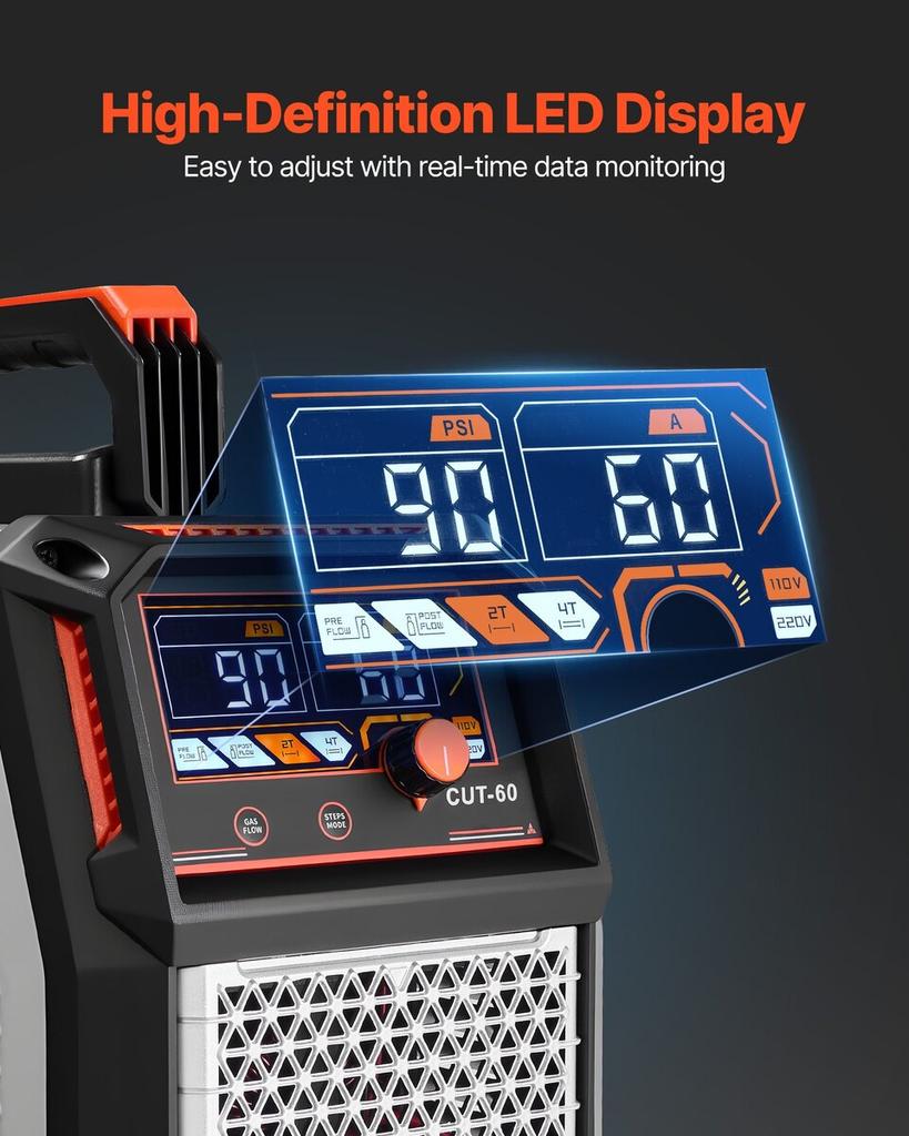 Taglierina al Plasma, Macchina per Taglio Plasma ad Arco Pilota Senza Contatto da 60A, Inverter IGBT con Display Digitale - con Funzione 2T/4T e Tempo PA/PT Regolabile per