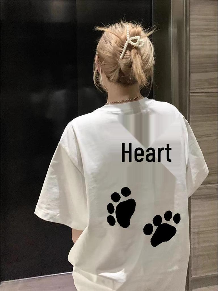 Women's 2025 Summer White Cotton Short-Sleeve T-Shirt with American Straight Shoulder Design