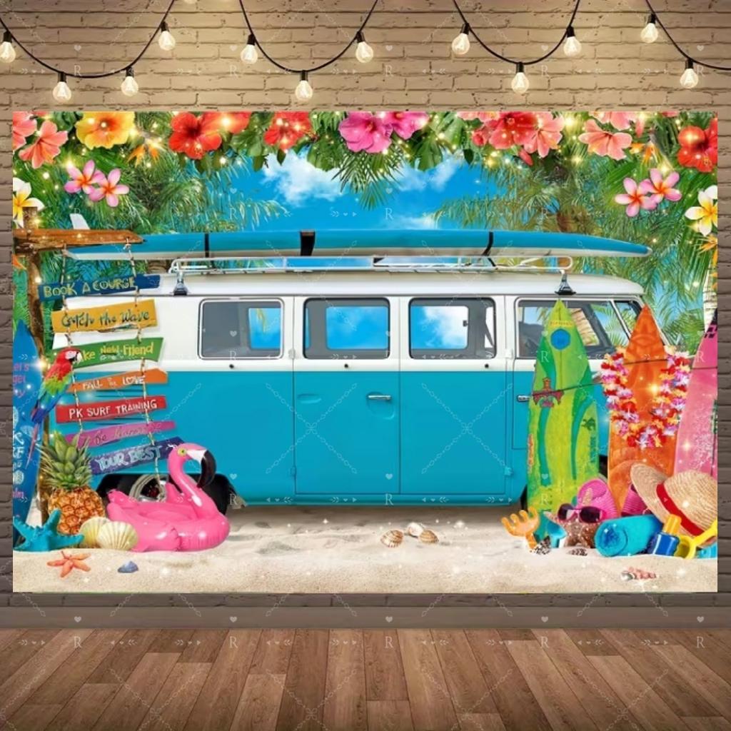 Summer Beach Holiday Party Decoration Backdrop Sunshine Flamingo Ocean Surfboard Portrait Photography Background Props Banner
