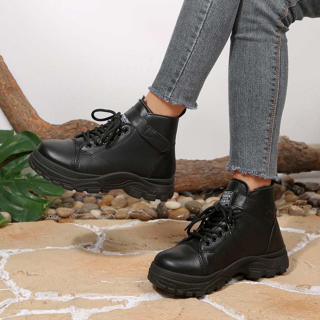 Women's Large Size Soft Sole Heightening Winter Warm Fur One Anti-slip Snow Boots Padded Lined Ankle Boots Outdoor Sports Cotton Boots Martin Boots