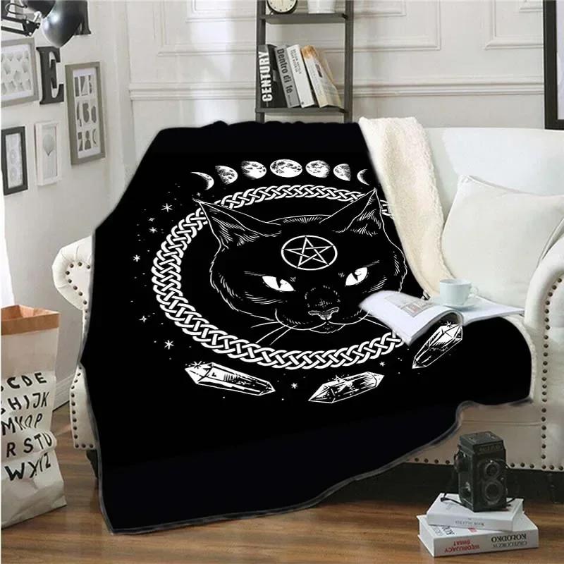 Cat with Moon Anime Blanket Throw Blanket Satanic Flannel Blanck and White Blanket for Adults Kids Halloween
