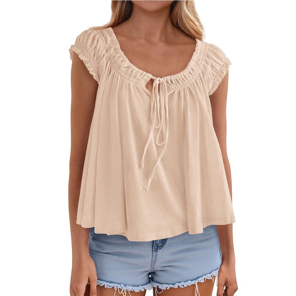 Womens Off Shoulder Ruffle Short Sleeve Tie Front Loose Blouse