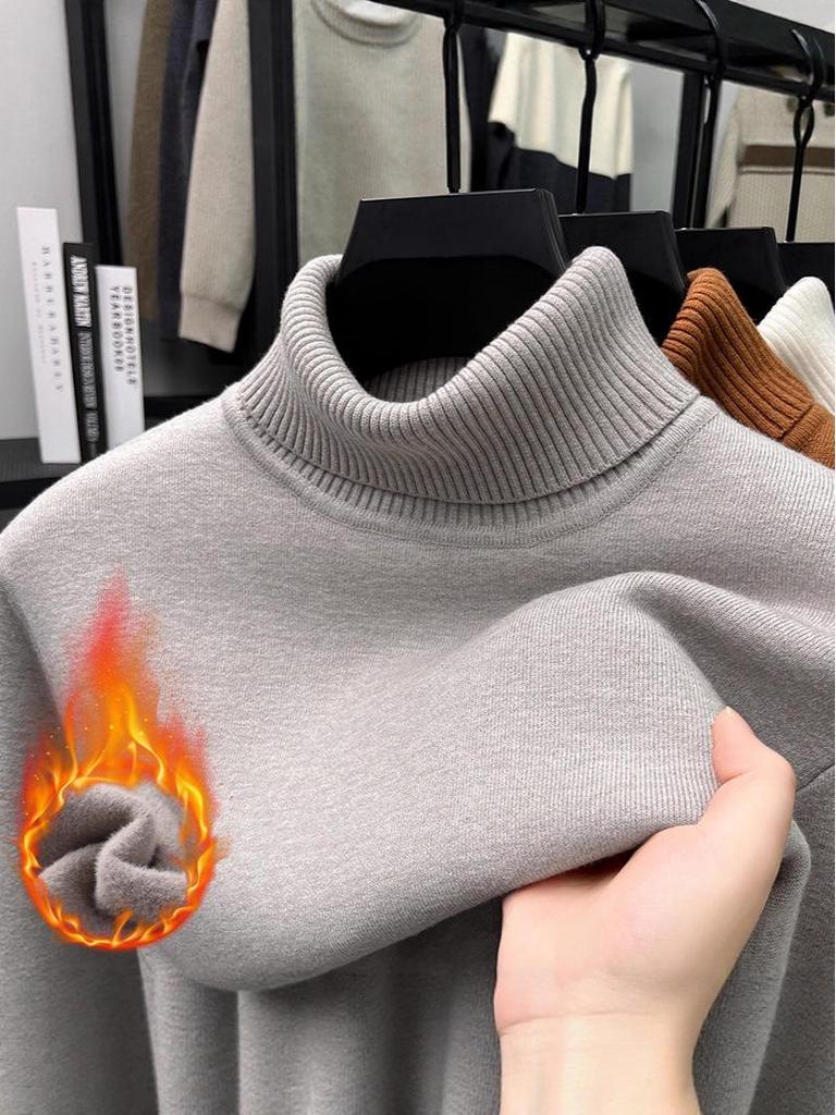 Men's Fashionable Thick Knit Pullover with Double-Fold High Neck, Fleece-Lined for Warmth, Solid Color, Perfect for Middle-Aged and Young Adults.