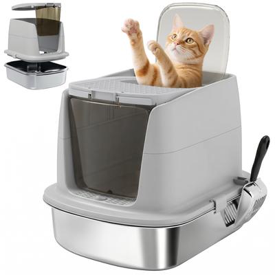 Stainless Steel Cat Litter Box, Enclosed Cat Litter Box with Scoop, Odor Bag, Entry Exit