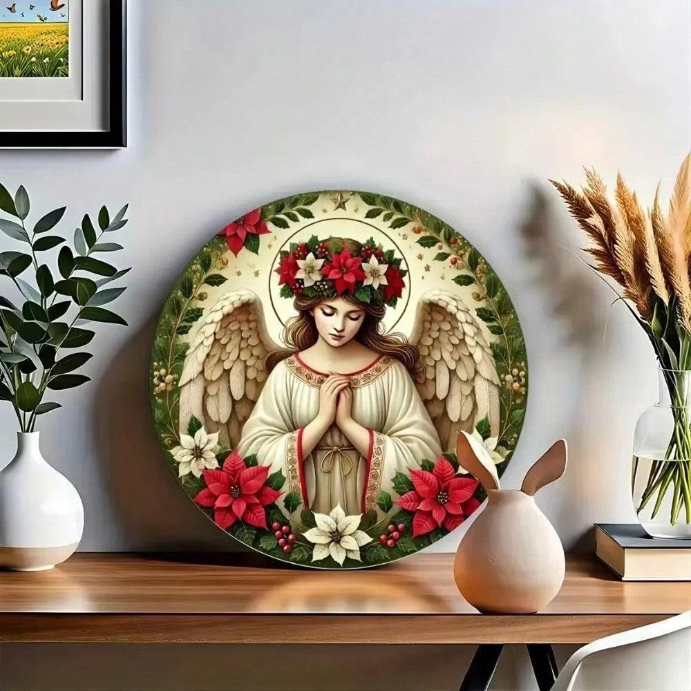 Round Aluminum Wall Art Praying Angel Decor with Floral Wreath Bunny Modern Home Metal Painting Living Room