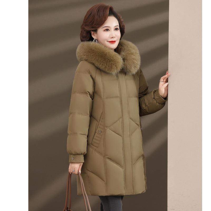 New middle-aged and old winter medium and long down jackets thickened mother women's clothing fox fur collar white duck down jacket