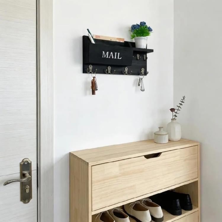 Handcrafted Wooden Wall Hanging Mail Key Shelf With Storage Pockets And Hooks Wall Mounted Letter Holder