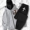 Slow Running Suit Zipper Hooded Sweatshirt Flame Pattern Skull Cross Bone Streetwear Set
