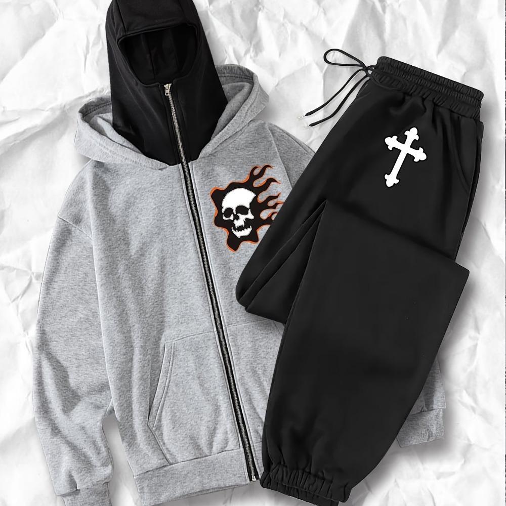 Slow Running Suit Zipper Hooded Sweatshirt Flame Pattern Skull Cross Bone Streetwear Set